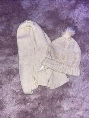 Cream Knit Beanie with Faux Fur Pom Pom and Matching Scarf
